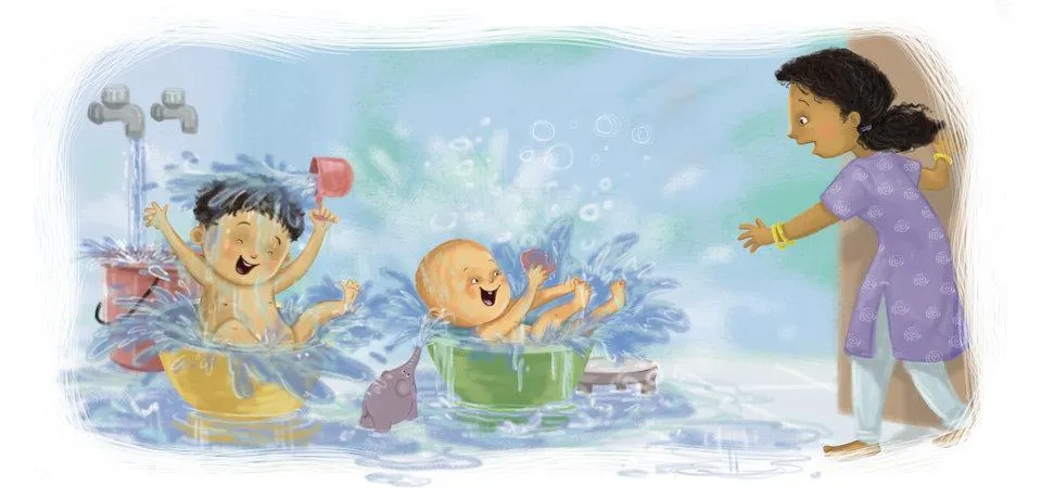 Image illustraton for the book:Bath time for Chunnu and Munnu